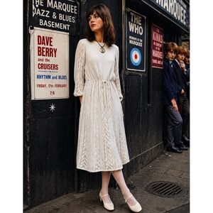 Vintage 60s Pointelle Knit Midi Dress Long Sleeve Drawstring Waist Light Gray